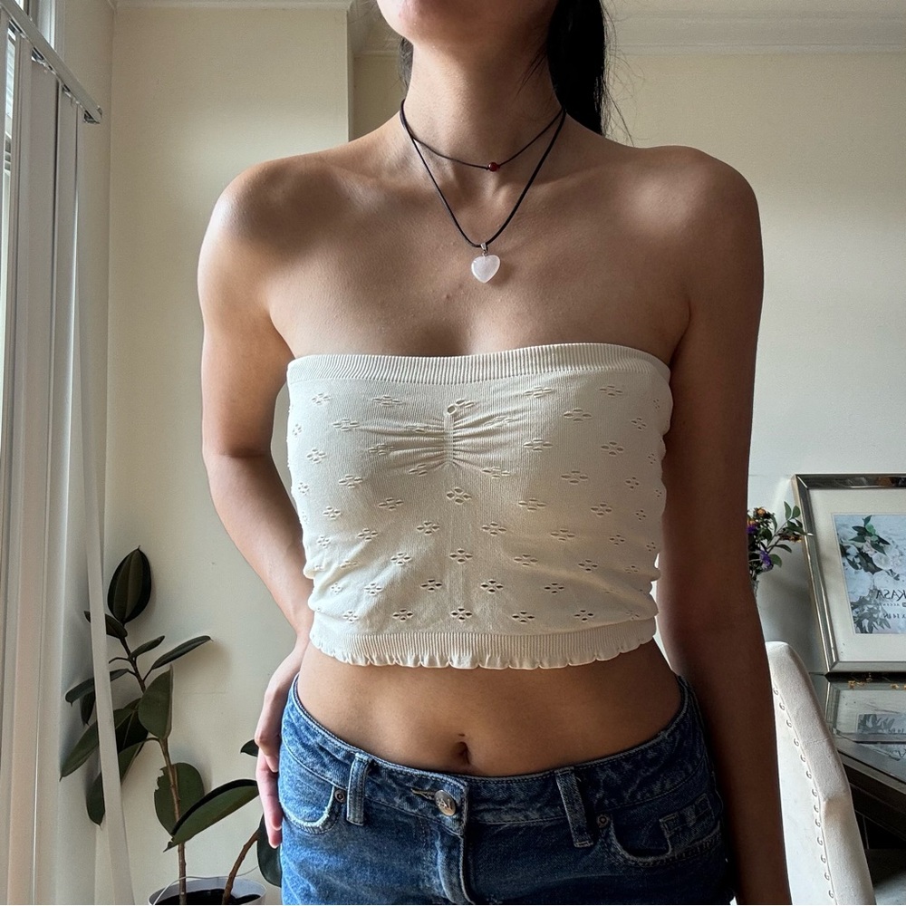 Cream Strapless Eyelet Top